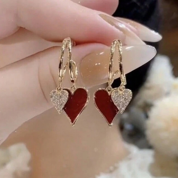 Jewelry - Red Heart Rhinestone Earrings Gold